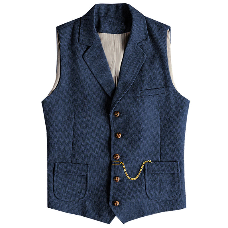 Gilet monopetto da uomo in stile western con motivo a spina di pesce e catena - Blu navy - 3XL - image 14
