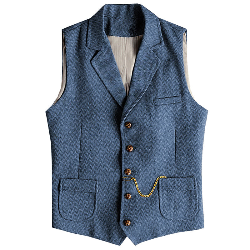 Gilet monopetto da uomo in stile western con motivo a spina di pesce e catena - Blu - 3XL - image 12