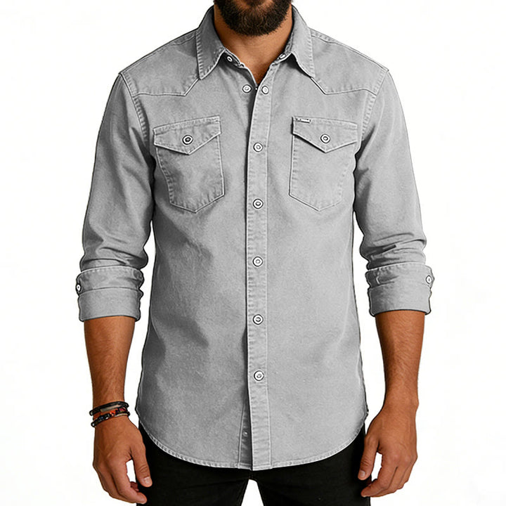 Camicia da lavoro classica da uomo in denim lavato con doppia tasca - image 8