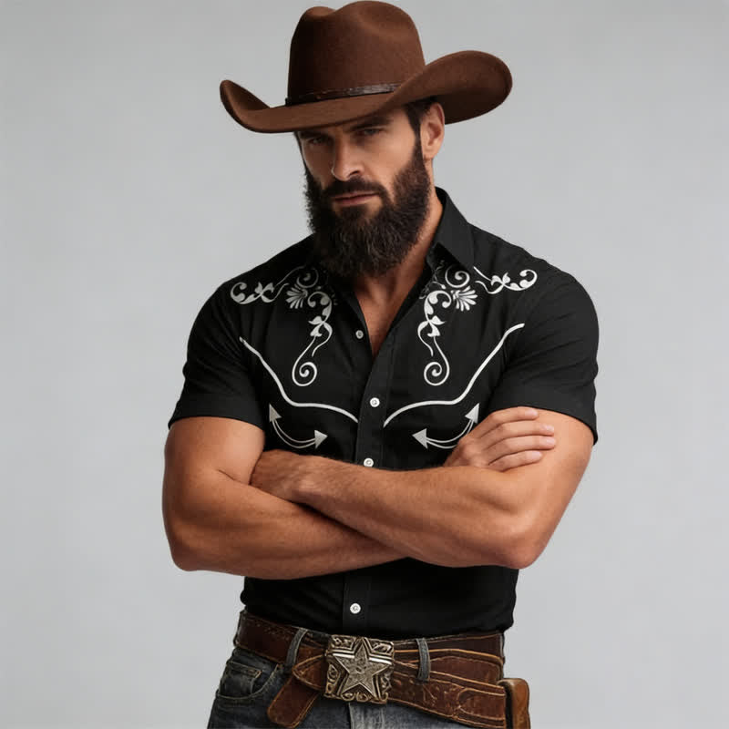 Camicia da uomo con stampa 3D e giogo a contrasto con motivo western da cowboy - Nero - 5XL - image 5