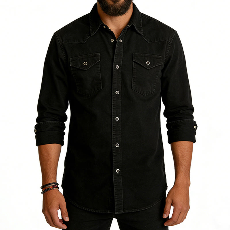 Camicia da lavoro classica da uomo in denim lavato con doppia tasca - image 2
