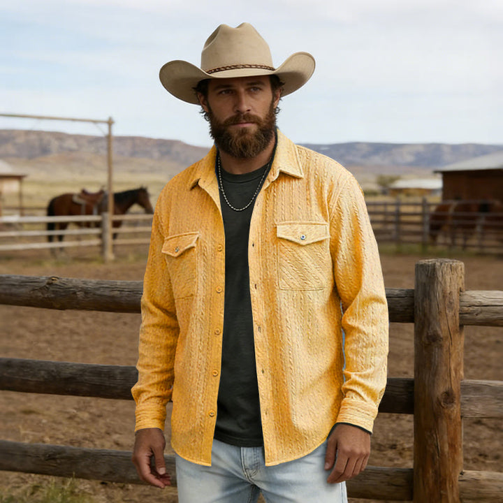 Camicia da lavoro a maniche lunghe da uomo in stile cowboy in stile retrò jacquard - Giallo - 2XL - image 6