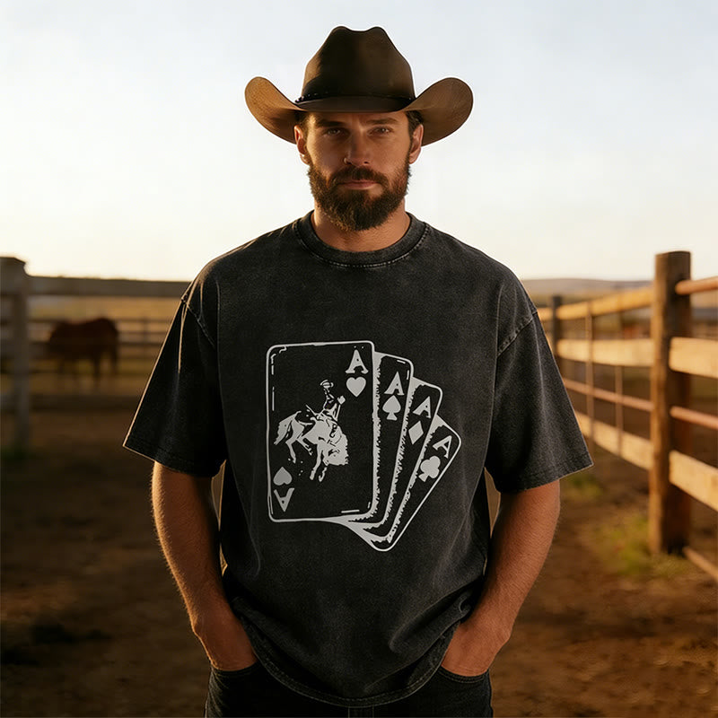 T-shirt a maniche corte lavata con stampa cowboy poker in stile western. - Nero - 5XL - image 0