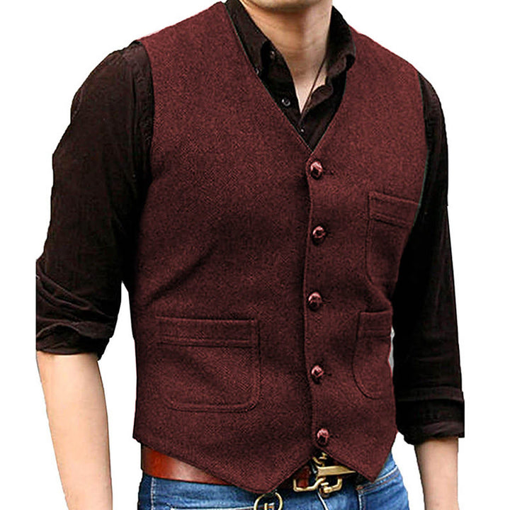Gilet multitasche da uomo in stile western retrò con scollo a V - Vino - 3XL - image 6