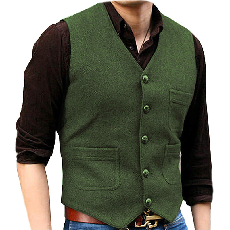 Gilet multitasche da uomo in stile western retrò con scollo a V - Verde - 3XL - image 14