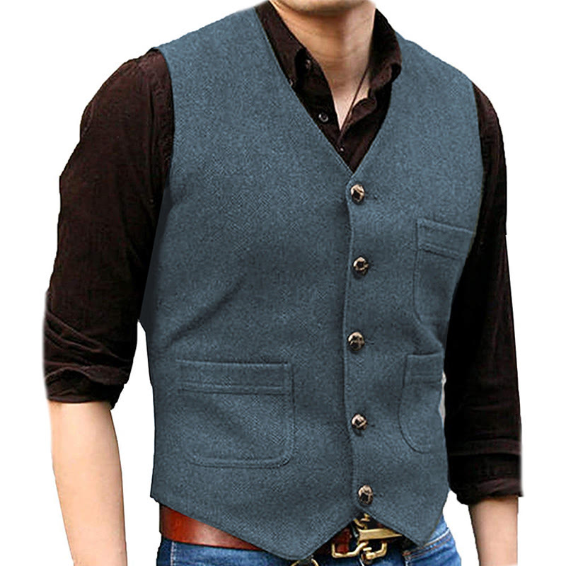 Gilet multitasche da uomo in stile western retrò con scollo a V - Blu navy chiaro - 3XL - image 13