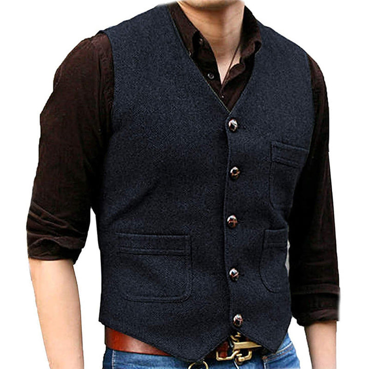Gilet multitasche da uomo in stile western retrò con scollo a V - Blu navy - 3XL - image 8