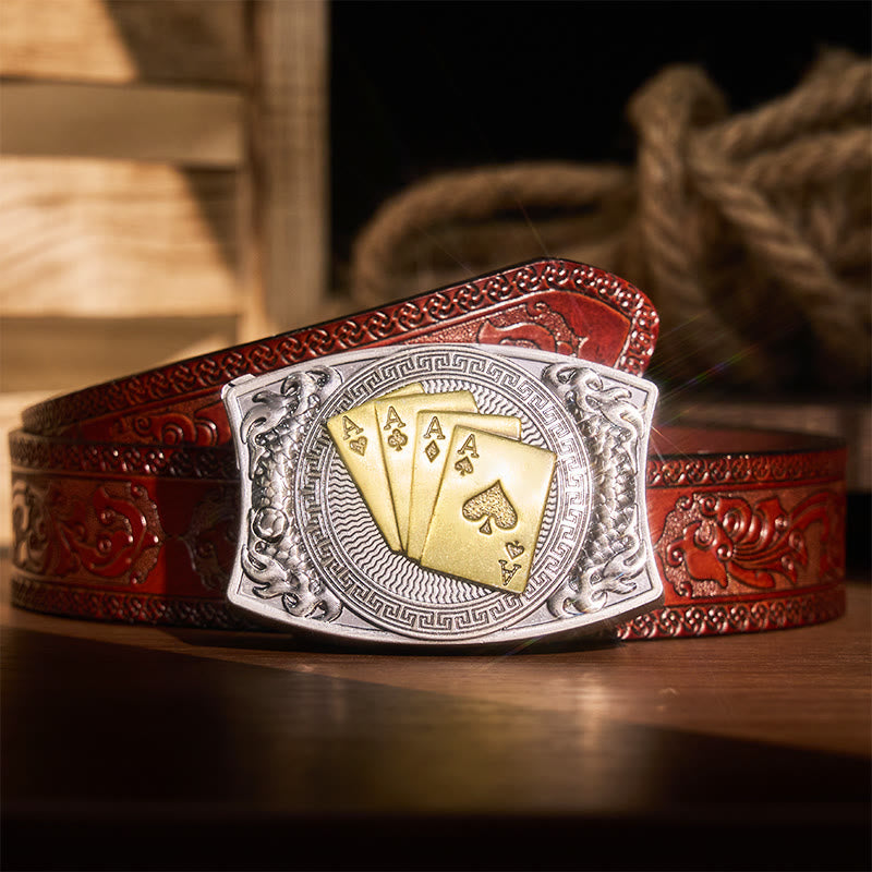 Cintura in pelle con coltello pieghevole nascosto in oro fai da te da uomo - Poker d'oro - Cintura marrone intagliata - 42 - image 9
