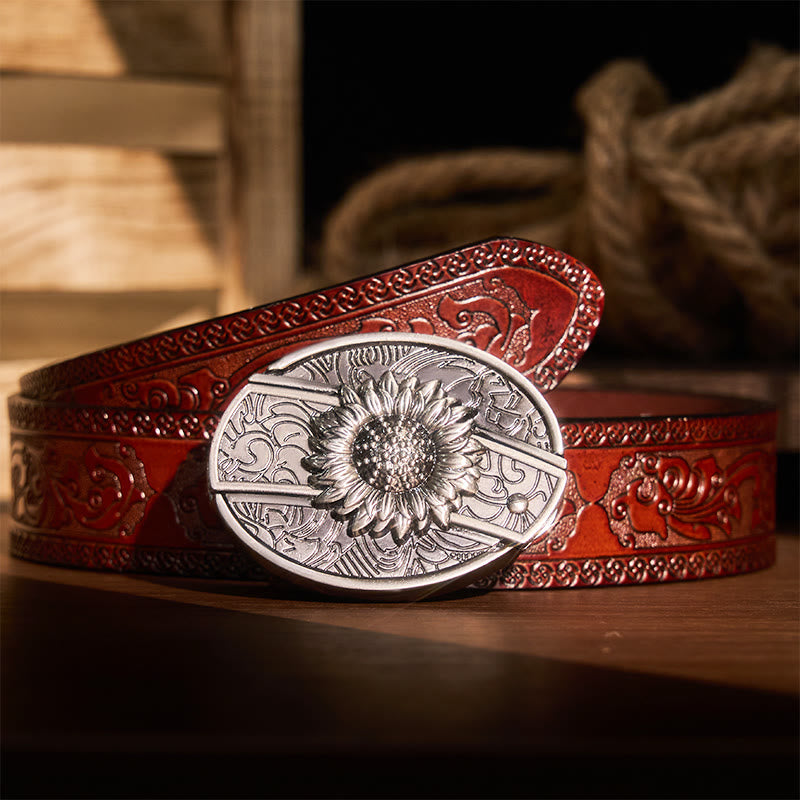 Cintura in pelle con coltello pieghevole nascosto a forma di girasole fai da te da uomo - Girasole - Cintura marrone intagliata - 42 - image 8