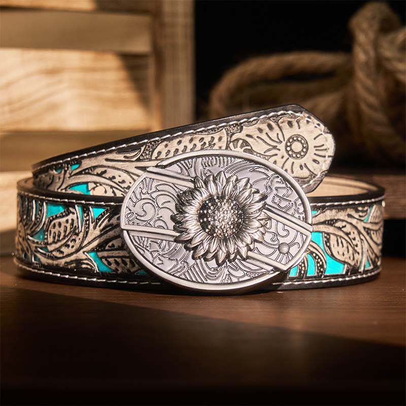 Cintura in pelle con coltello pieghevole nascosto a forma di girasole fai da te da uomo - Girasole - Cintura floreale grigia - 42 - image 12