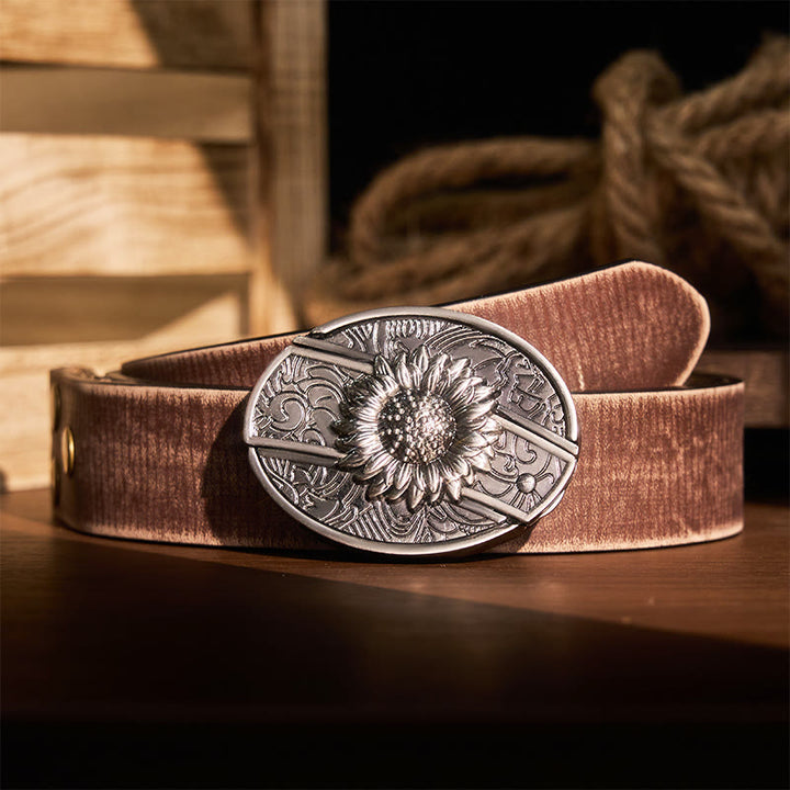 Cintura in pelle con coltello pieghevole nascosto a forma di girasole fai da te da uomo - Girasole - Cintura marrone anticata - 42 - image 10