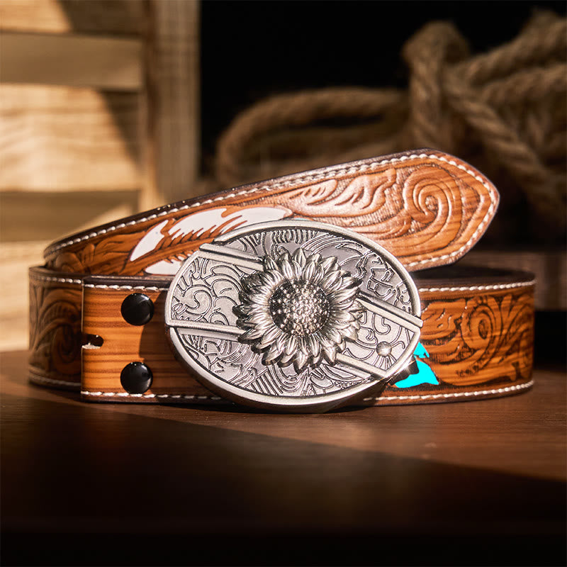 Cintura in pelle con coltello pieghevole nascosto a forma di girasole fai da te da uomo - Girasole - Cintura di piume marroni - 40 - image 11