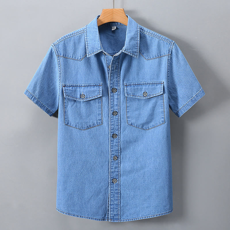 Camicia da uomo in denim classica retrò con doppie tasche - Azzurro chiaro - 3XL - image 7