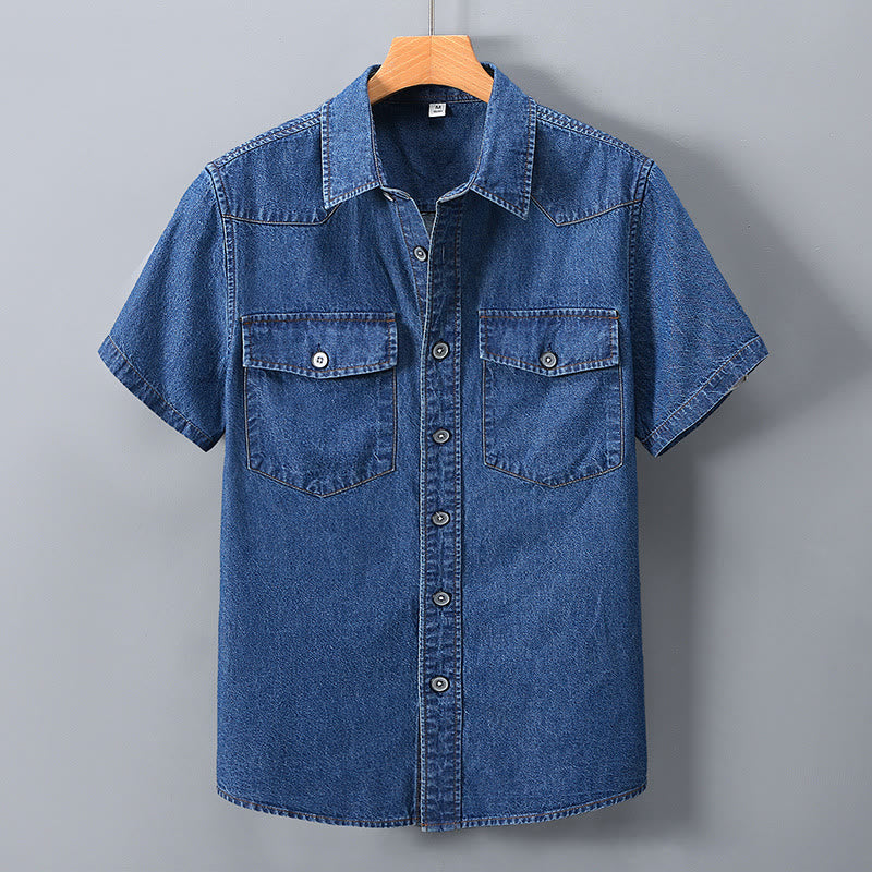 Camicia da uomo in denim classica retrò con doppie tasche - Blu scuro - 3XL - image 1