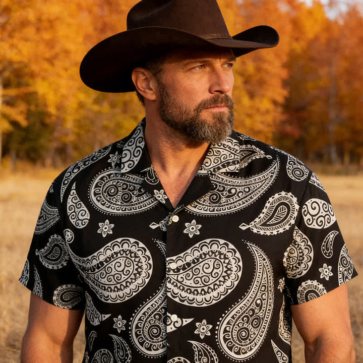 Camicia da uomo a maniche corte con colletto alla coreana e stampa paisley in stile western. - Nero - 5XL - image 5