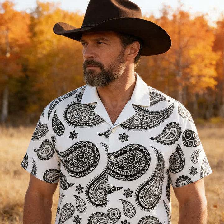 Camicia da uomo a maniche corte con colletto alla coreana e stampa paisley in stile western. - Bianco - 5XL - image 4