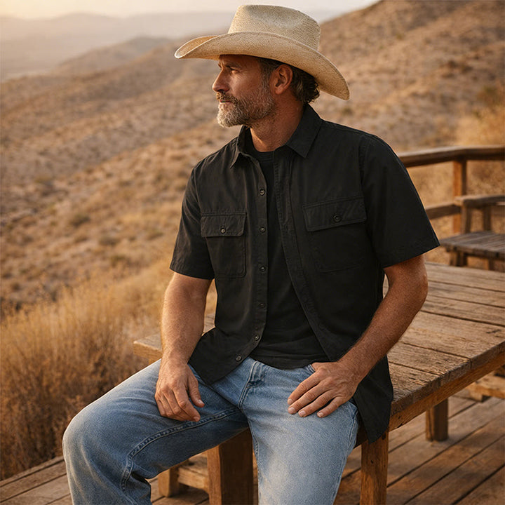 Camicia da cowboy estiva da uomo con tasche sul petto - Nero - 5XL - image 4