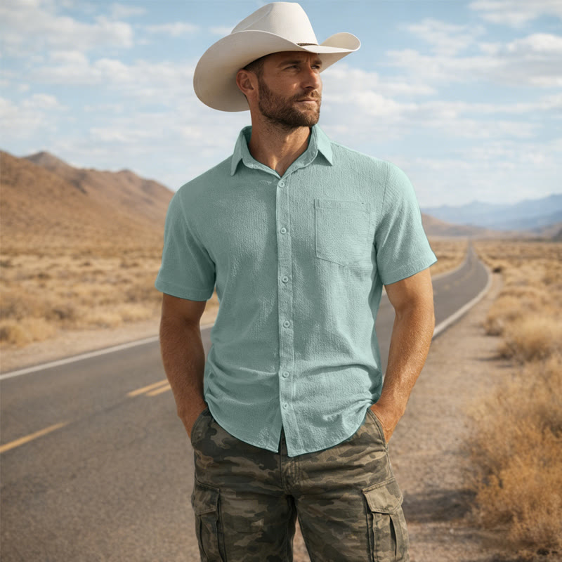 Camicia da uomo estiva a tinta unita con risvolto e taschino - Verde - 3XL - image 4