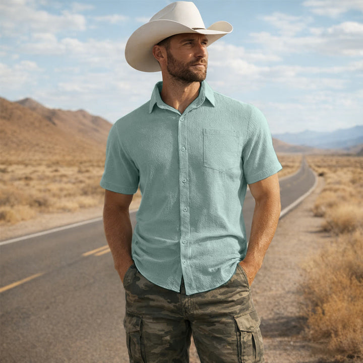 Camicia da uomo estiva a tinta unita con risvolto e taschino - Verde - 3XL - image 4
