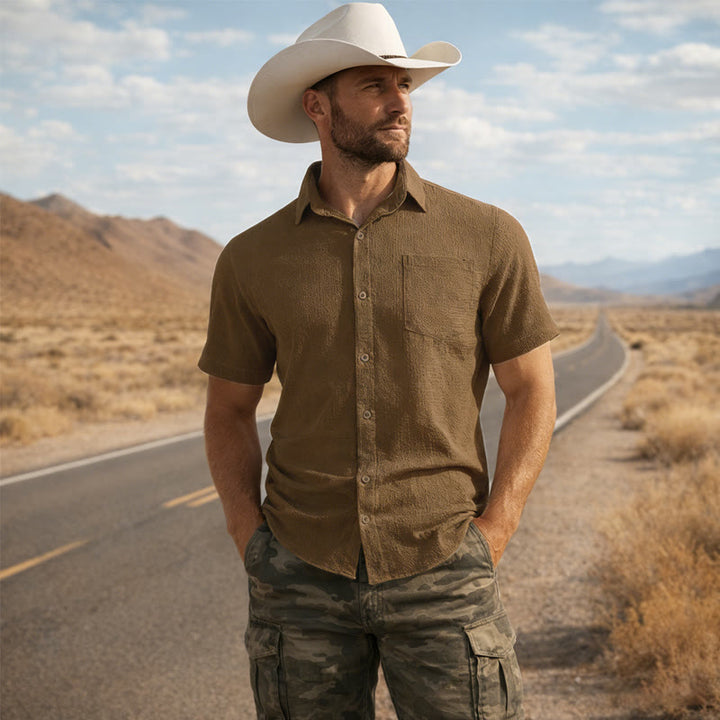 Camicia da uomo estiva a tinta unita con risvolto e taschino - Marrone - 3XL - image 6