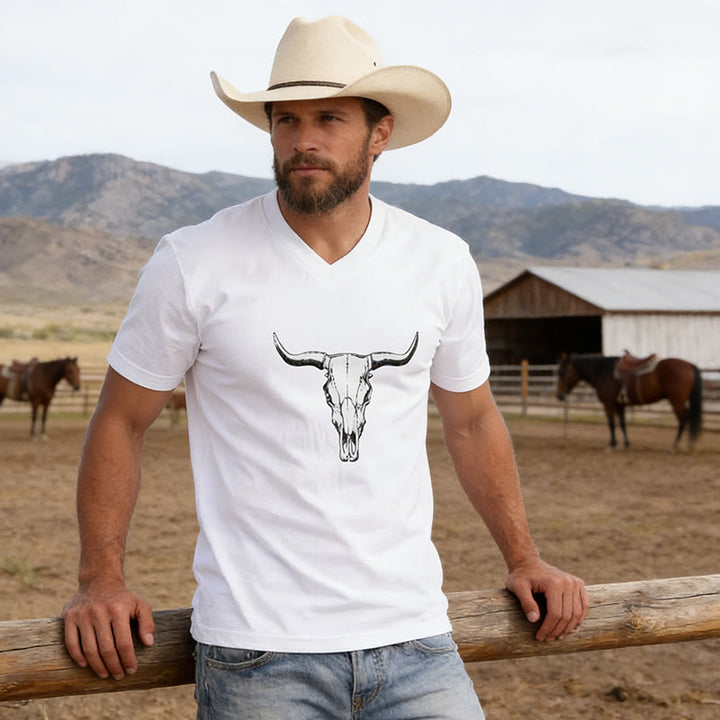 T-shirt da uomo con scollo a V e stampa a testa di toro in stile western - Bianco - 3XL - image 0