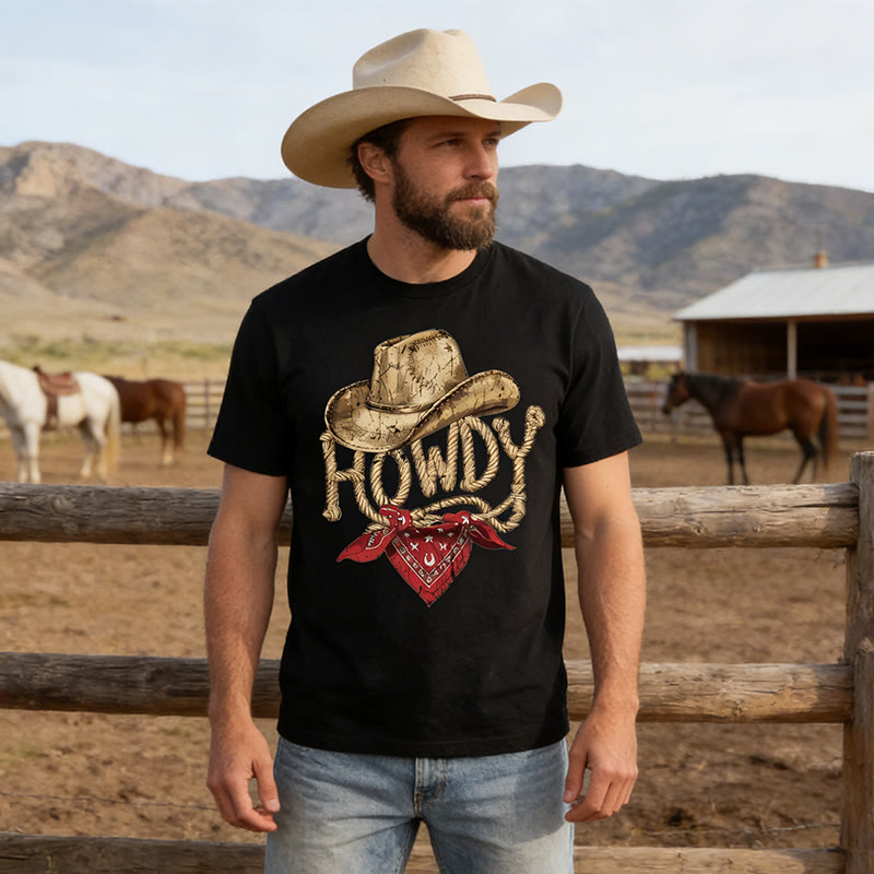 T-shirt da uomo in stile western vintage con stampa "Howdy cowboy". - Nero - 3XL - image 0