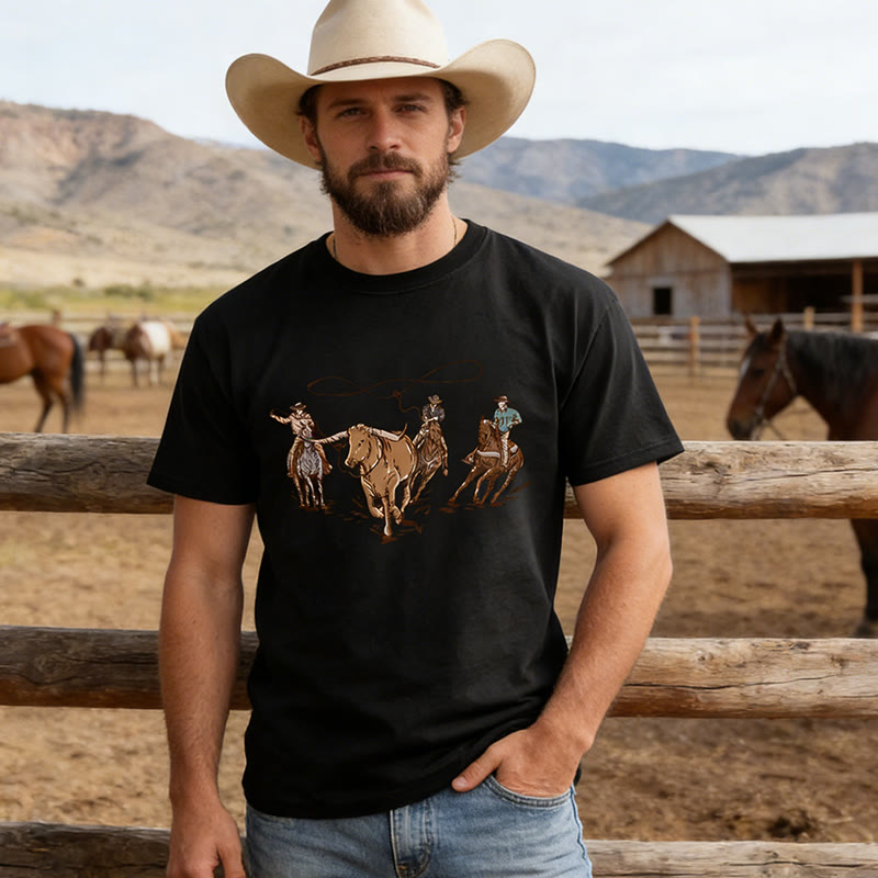 Maglietta da uomo in stile western con stampa di mucca e tema rodeo. - image 1