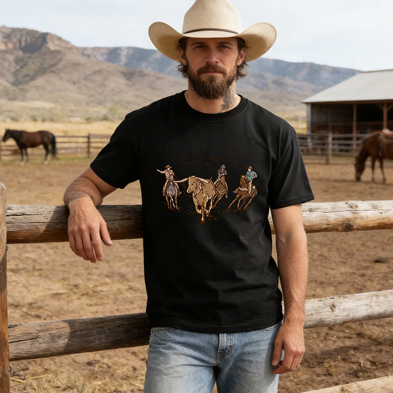 Maglietta da uomo in stile western con stampa di mucca e tema rodeo. - Nero - 4XL - image 0