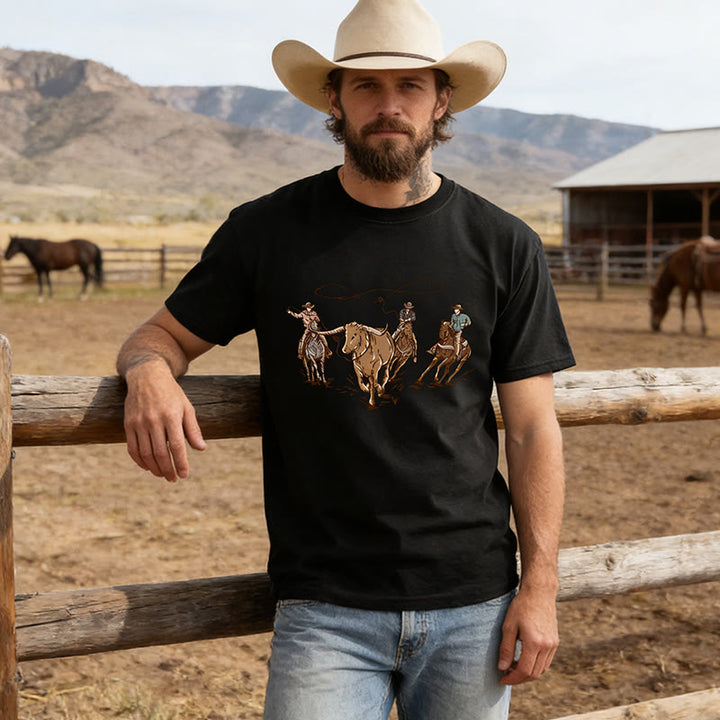 Maglietta da uomo in stile western con stampa di mucca e tema rodeo. - Nero - 4XL - image 0