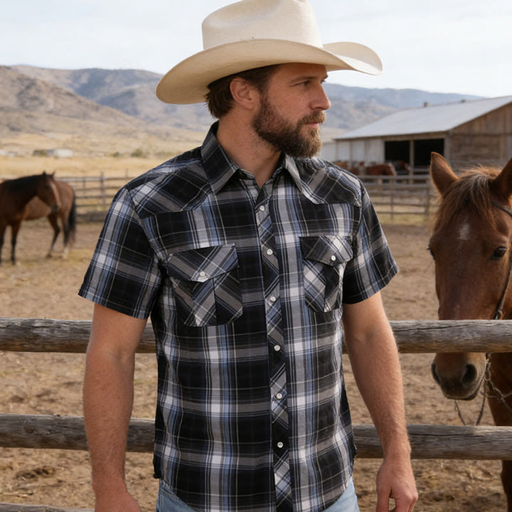 Camicia da cowboy da uomo a quadri bianchi e neri in stile western - image 2
