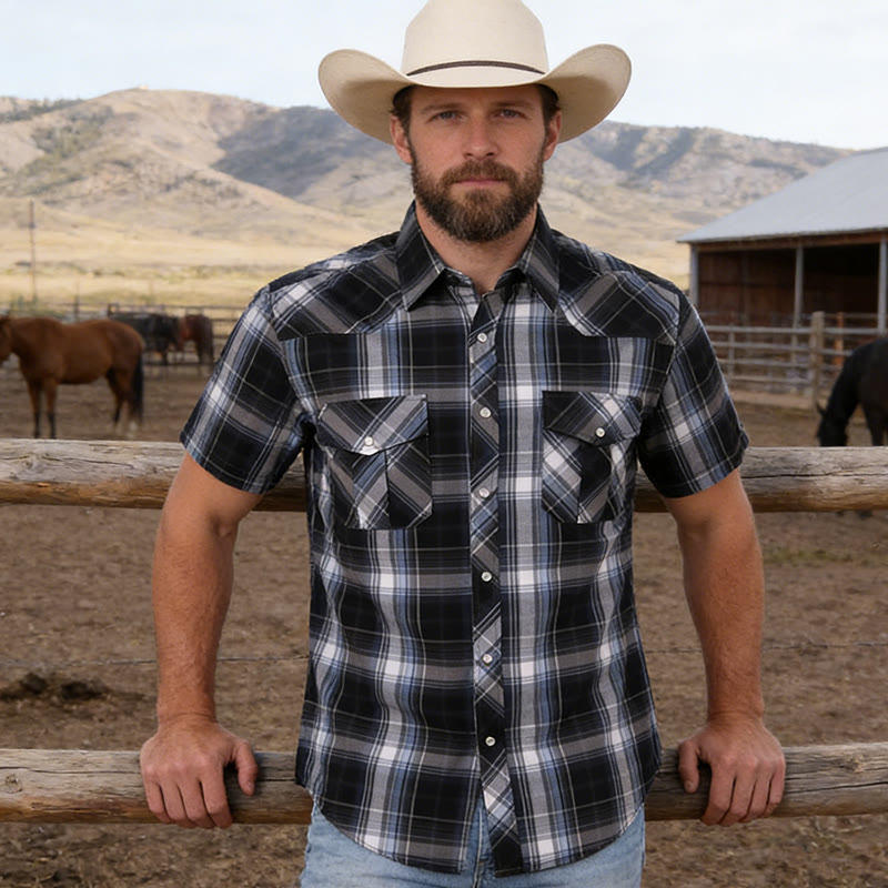 Camicia da cowboy da uomo a quadri bianchi e neri in stile western - image 1