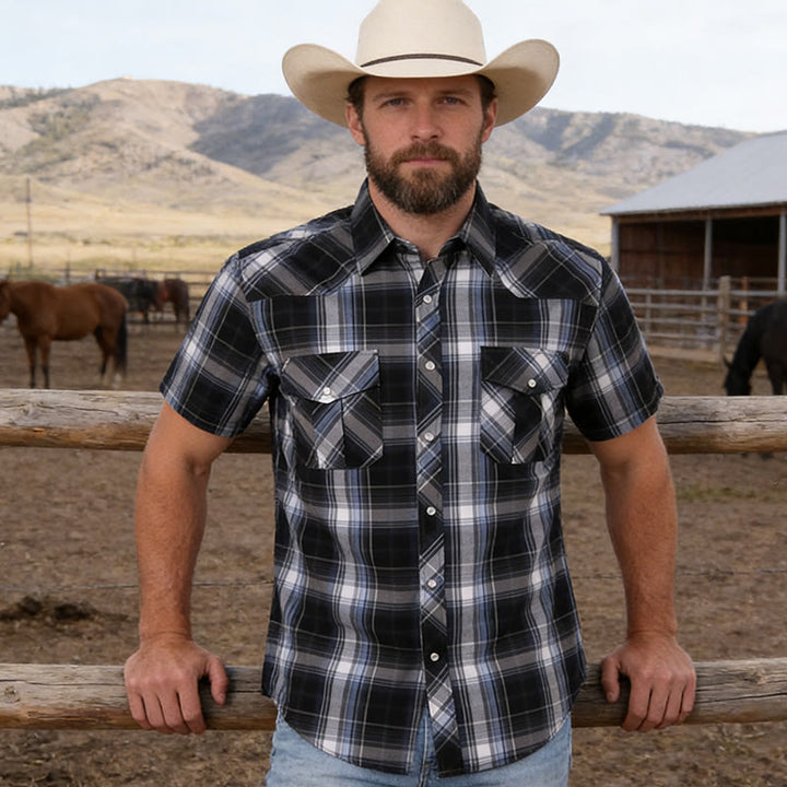 Camicia da cowboy da uomo a quadri bianchi e neri in stile western - image 1