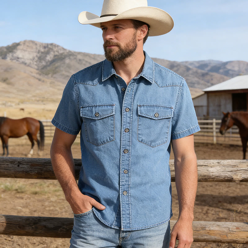 Camicia da uomo in denim classica retrò con doppie tasche - image 5