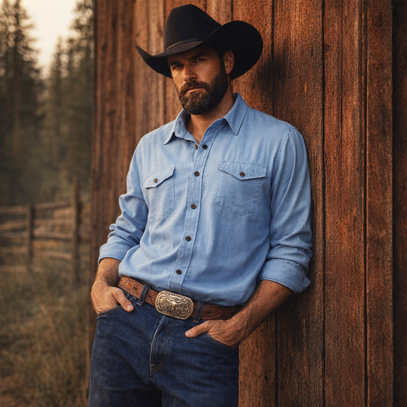 Camicia da lavoro classica da uomo in denim lavato azzurro - Azzurro chiaro - 3XL - image 0