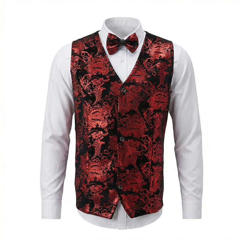 Gilet da uomo elegante con scollo a V e motivo paisley stampato a caldo, completo di papillon. - image 4
