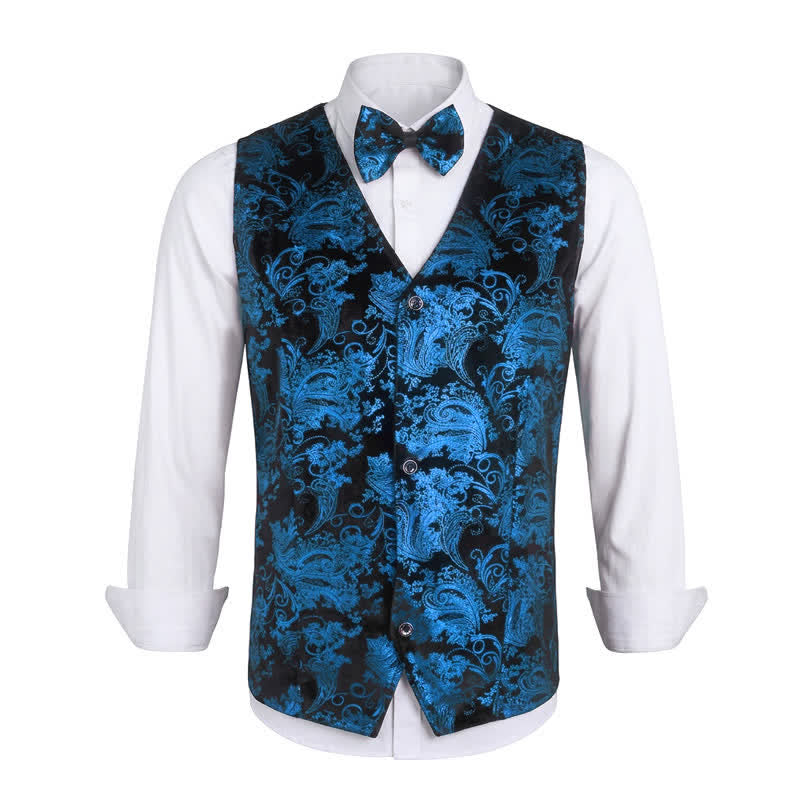 Gilet da uomo elegante con scollo a V e motivo paisley stampato a caldo, completo di papillon. - Blu - 3XL - image 13