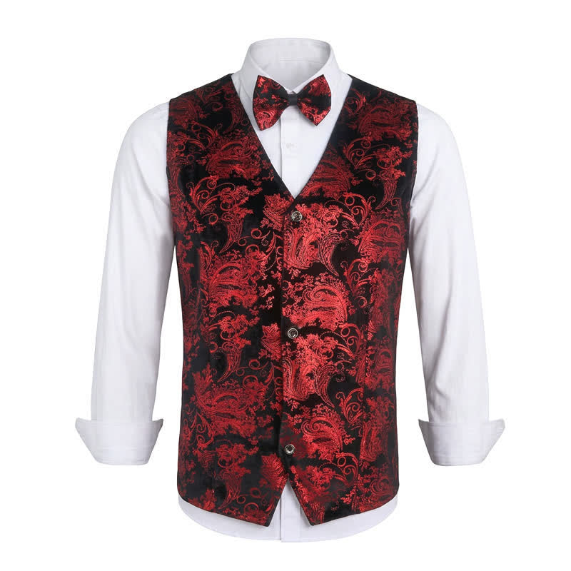 Gilet da uomo elegante con scollo a V e motivo paisley stampato a caldo, completo di papillon. - Rosso - 3XL - image 0