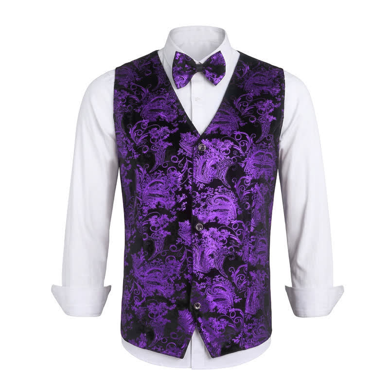 Gilet da uomo elegante con scollo a V e motivo paisley stampato a caldo, completo di papillon. - Viola - 3XL - image 12