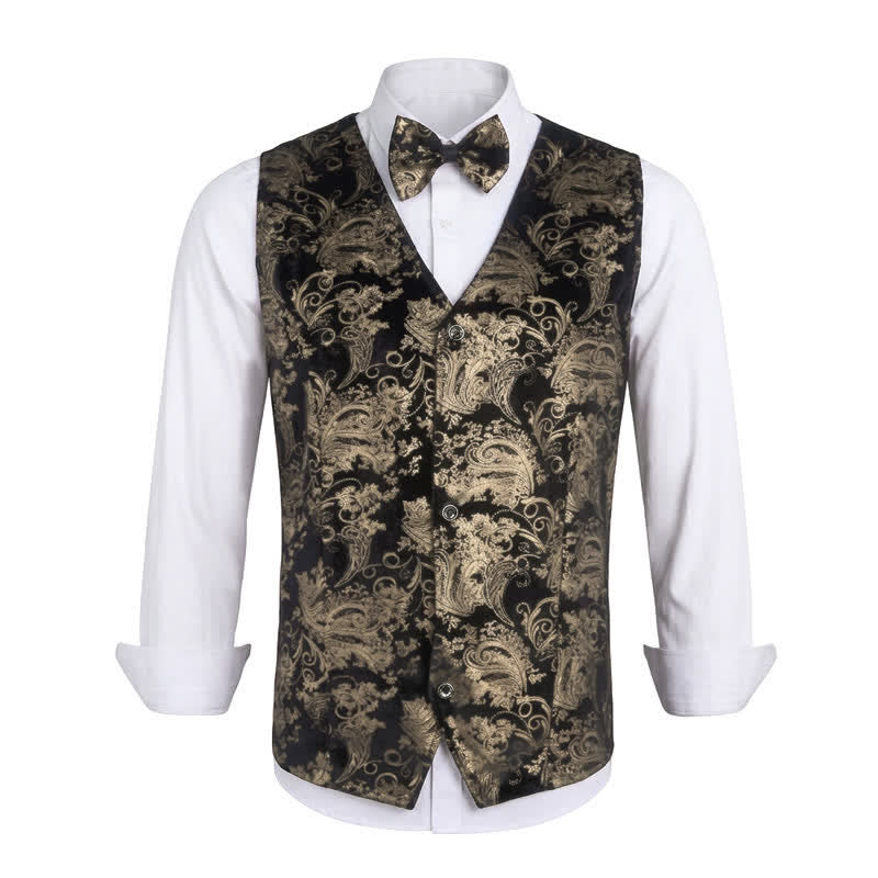Gilet da uomo elegante con scollo a V e motivo paisley stampato a caldo, completo di papillon. - D'oro - 3XL - image 11