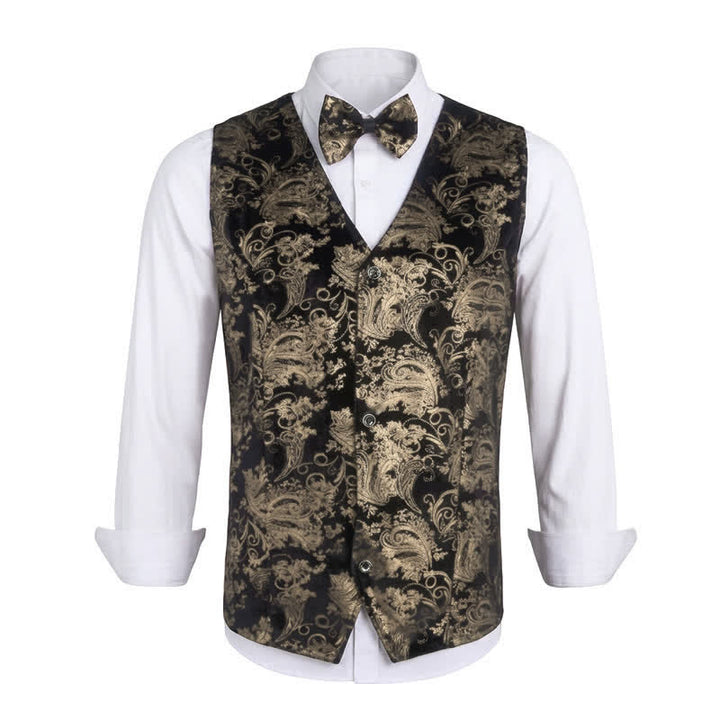 Gilet da uomo elegante con scollo a V e motivo paisley stampato a caldo, completo di papillon. - D'oro - 3XL - image 11