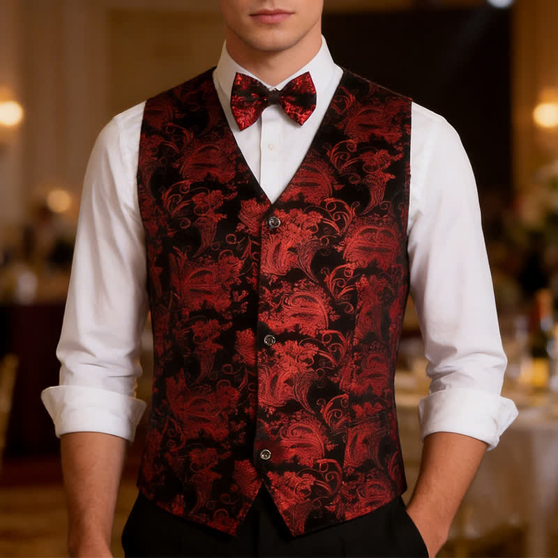 Gilet da uomo elegante con scollo a V e motivo paisley stampato a caldo, completo di papillon. - image 1