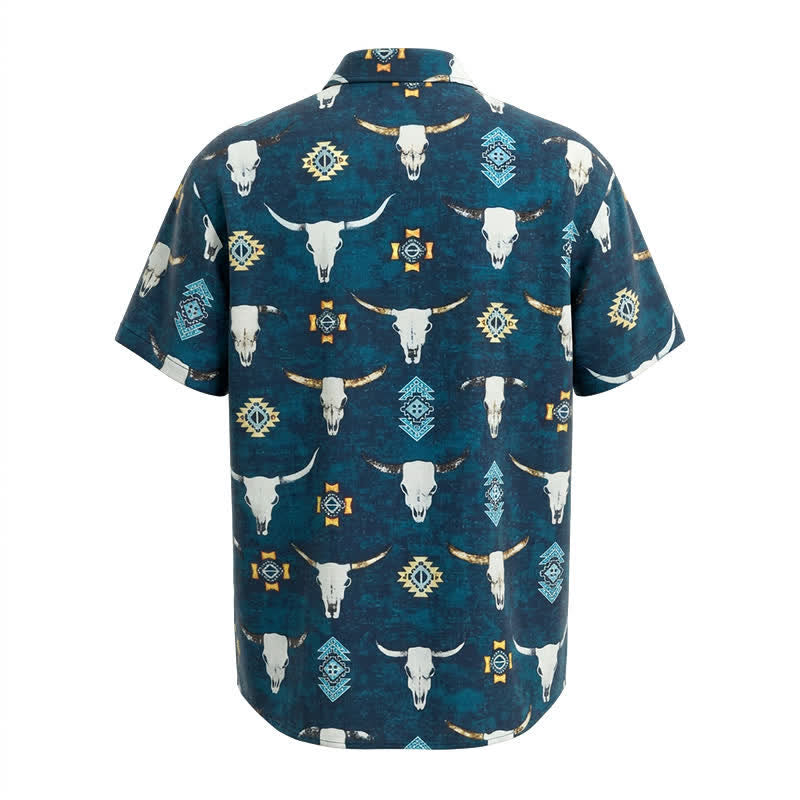 Camicia da uomo con stampa 3D di teschio di toro e motivi geometrici aztechi. - image 5