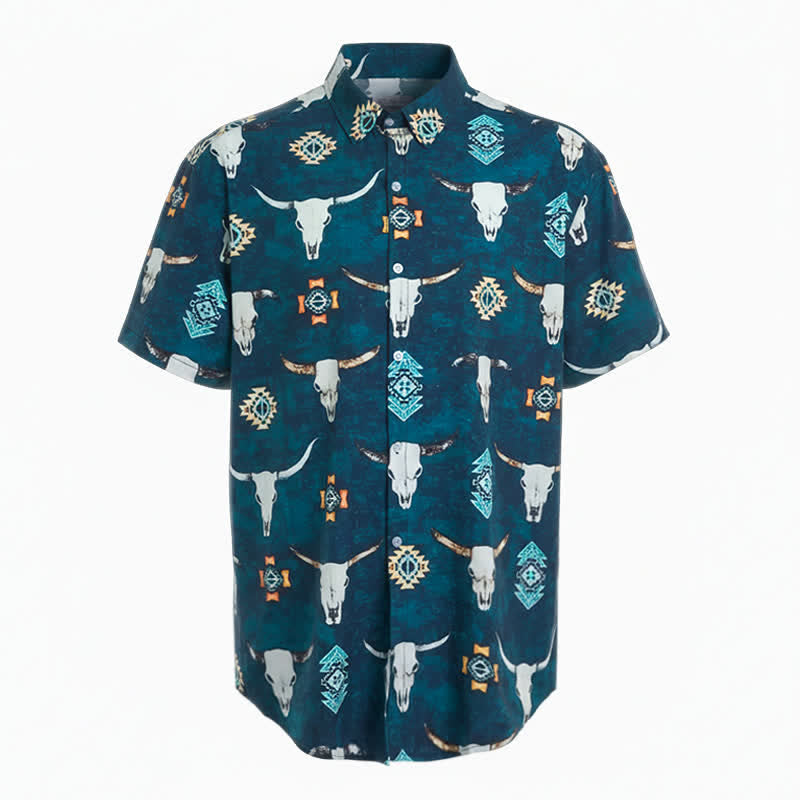 Camicia da uomo con stampa 3D di teschio di toro e motivi geometrici aztechi. - image 4