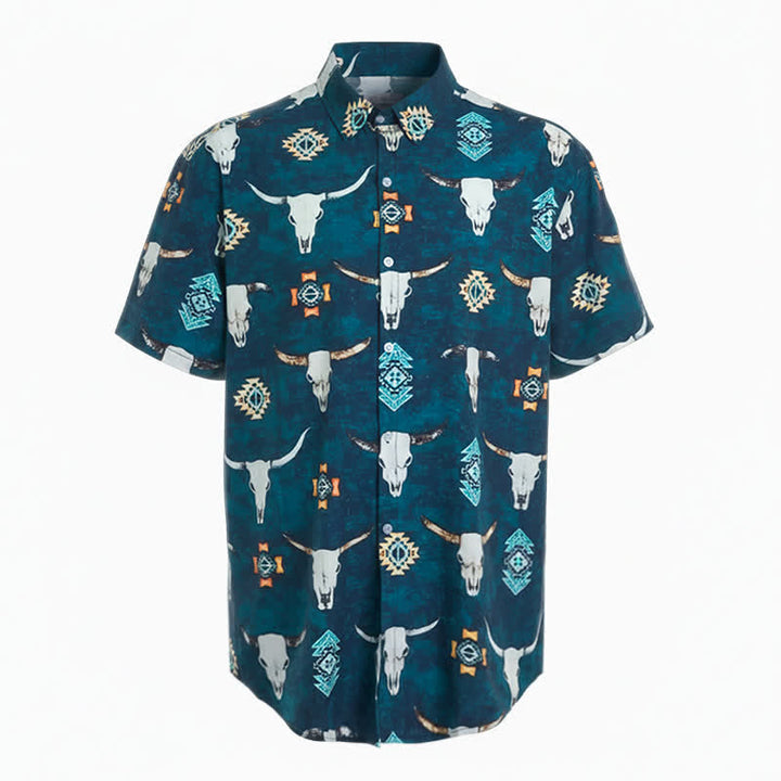 Camicia da uomo con stampa 3D di teschio di toro e motivi geometrici aztechi. - image 4