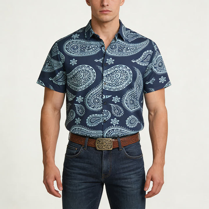 Camicia da uomo a maniche corte con colletto alla coreana e stampa paisley in stile western. - image 1