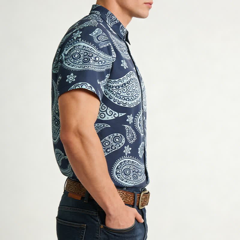 Camicia da uomo a maniche corte con colletto alla coreana e stampa paisley in stile western. - image 2