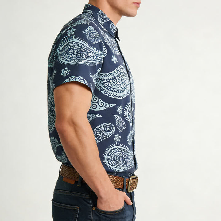 Camicia da uomo a maniche corte con colletto alla coreana e stampa paisley in stile western. - image 2