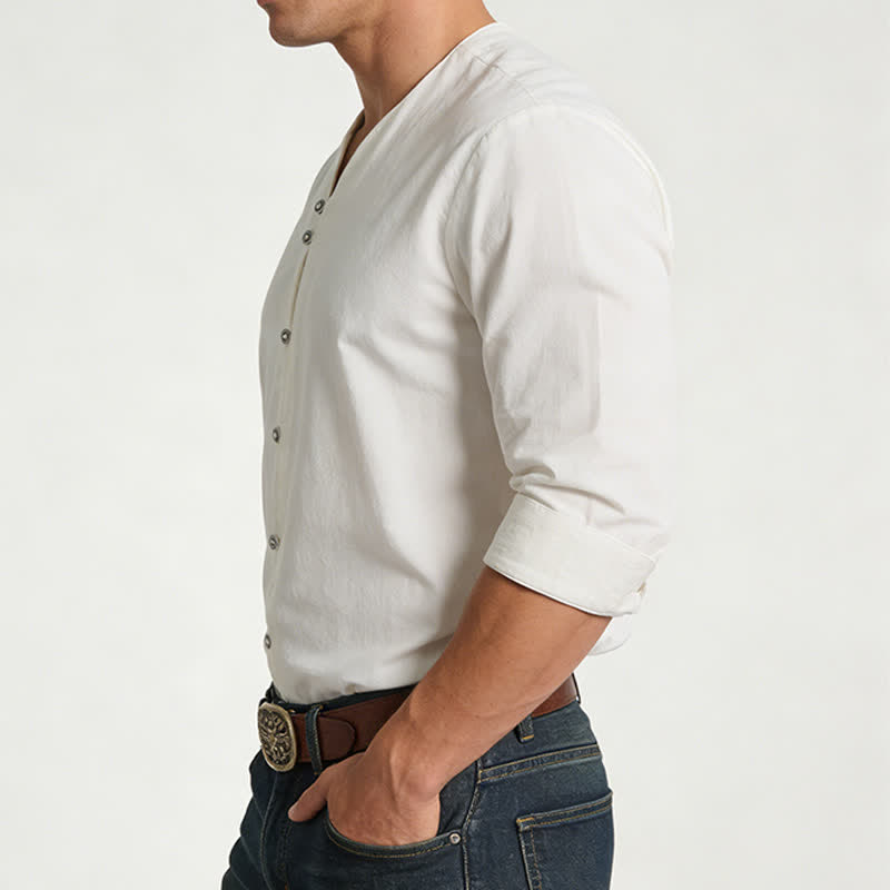 Camicia da uomo retrò con colletto Henry, traspirante e tinta unita. - image 2