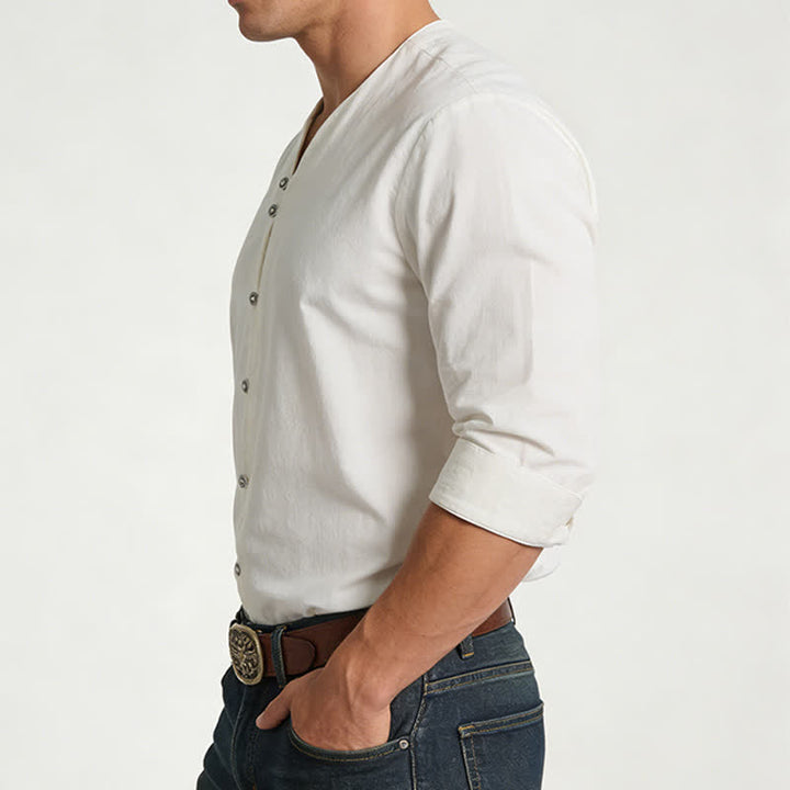 Camicia da uomo retrò con colletto Henry, traspirante e tinta unita. - image 2