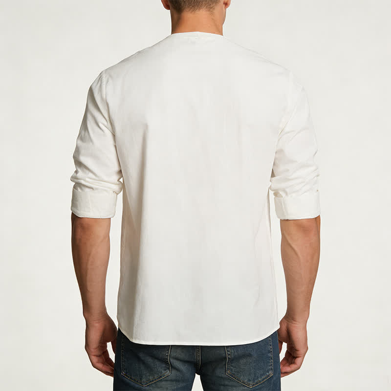 Camicia da uomo retrò con colletto Henry, traspirante e tinta unita. - image 3